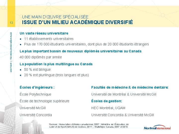 UNE MAIN D’ŒUVRE SPÉCIALISÉE SECTEUR | TECHNOLOGIES MÉDICALES 13 ISSUE D’UN MILIEU ACADÉMIQUE DIVERSIFIÉ