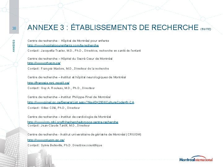 SECTEUR | TECHNOLOGIES MÉDICALES ANNEXES 38 ANNEXE 3 : ÉTABLISSEMENTS DE RECHERCHE Centre de