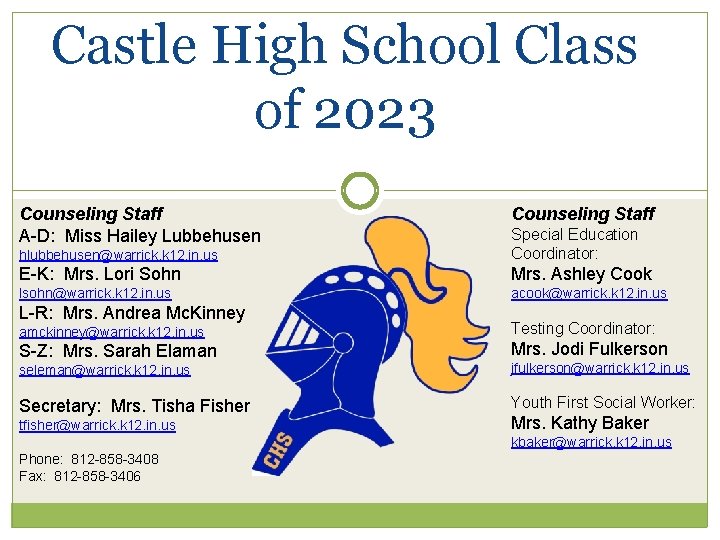 Castle High School Class of 2023 Counseling Staff A-D: Miss Hailey Lubbehusen Counseling Staff