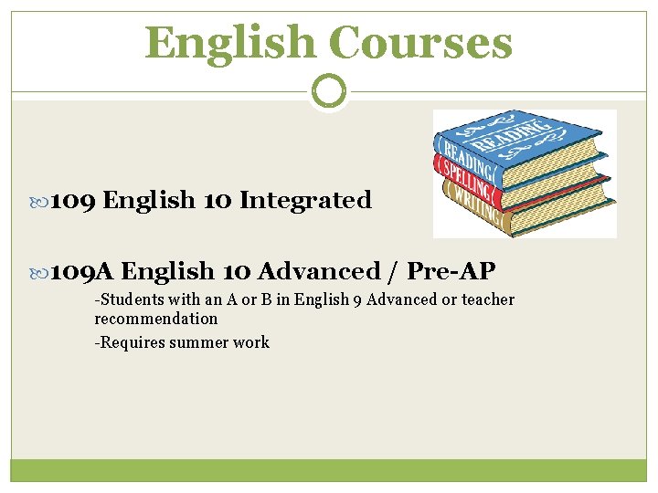 English Courses 109 English 10 Integrated 109 A English 10 Advanced / Pre-AP -Students