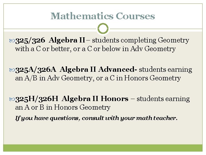 Mathematics Courses 325/326 Algebra II– students completing Geometry with a C or better, or