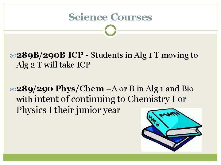 Science Courses 289 B/290 B ICP - Students in Alg 1 T moving to