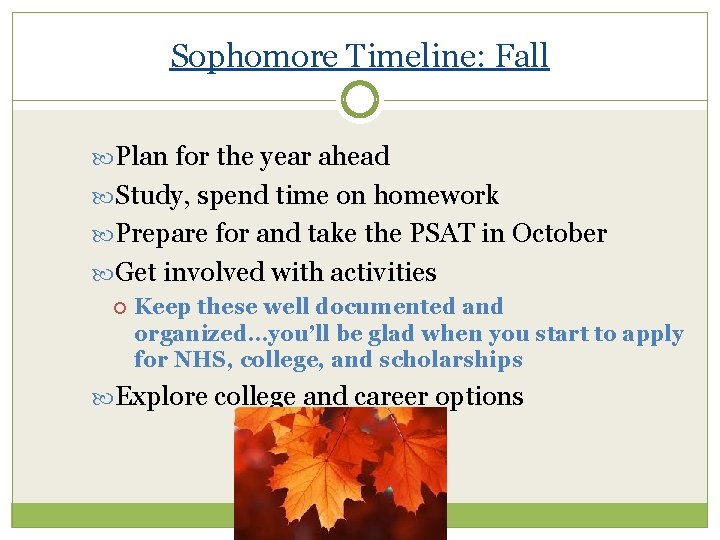 Sophomore Timeline: Fall Plan for the year ahead Study, spend time on homework Prepare