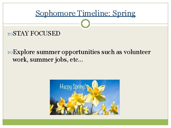 Sophomore Timeline: Spring STAY FOCUSED Explore summer opportunities such as volunteer work, summer jobs,