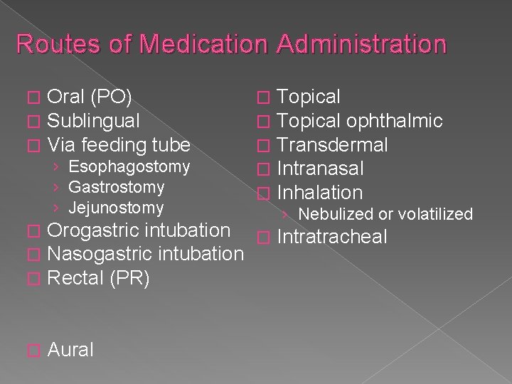 Routes of Medication Administration � � � Oral (PO) Sublingual Via feeding tube ›