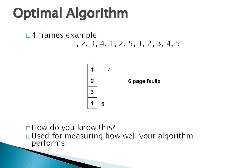 Optimal Algorithm � 4 frames example 1, 2, 3, 4, 1, 2, 5, 1,
