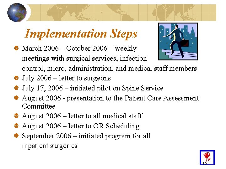 Implementation Steps March 2006 – October 2006 – weekly meetings with surgical services, infection