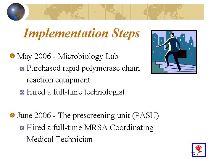 Implementation Steps May 2006 - Microbiology Lab Purchased rapid polymerase chain reaction equipment Hired