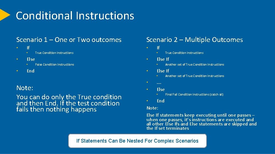 Conditional Instructions Scenario 1 – One or Two outcomes • If • • Else
