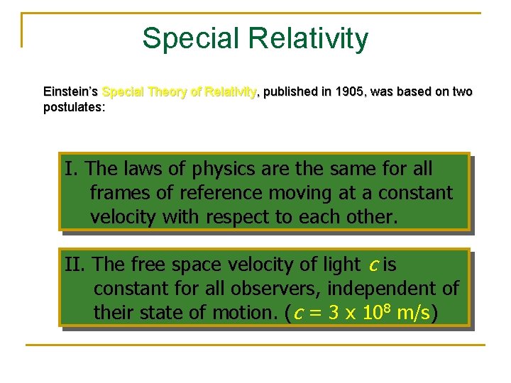 Special Relativity Einstein’s Special Theory of Relativity, published in 1905, was based on two