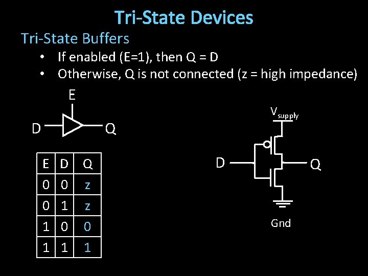 Tri-State Devices Tri-State Buffers • If enabled (E=1), then Q = D • Otherwise,