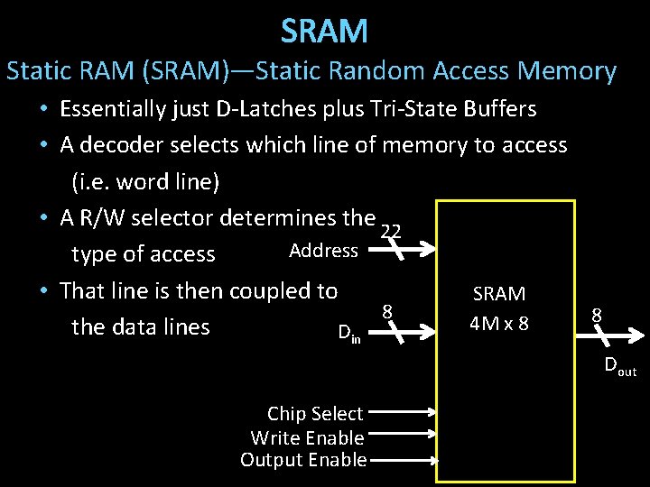 SRAM Static RAM (SRAM)—Static Random Access Memory • Essentially just D-Latches plus Tri-State Buffers