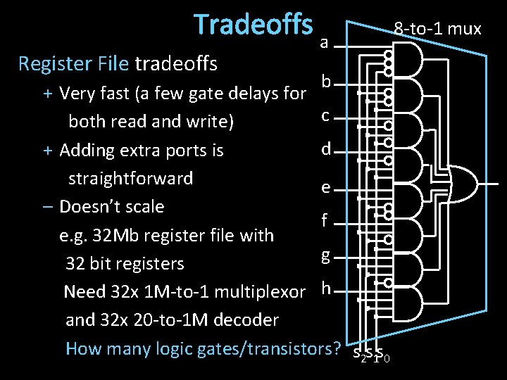 Tradeoffs a Register File tradeoffs b + Very fast (a few gate delays for