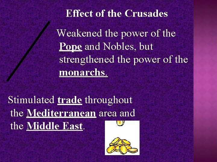 Effect of the Crusades Weakened the power of the Pope and Nobles, but strengthened