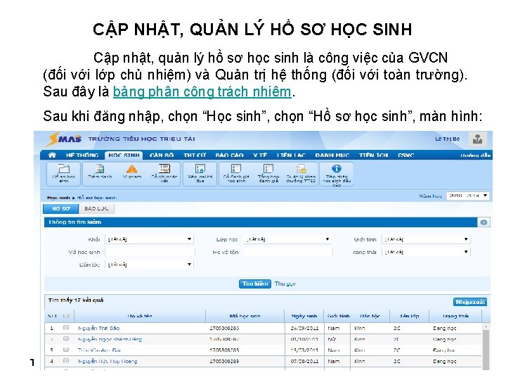 CẬP NHẬT, QUẢN LÝ HỒ SƠ HỌC SINH Cập nhật, quản lý hồ sơ