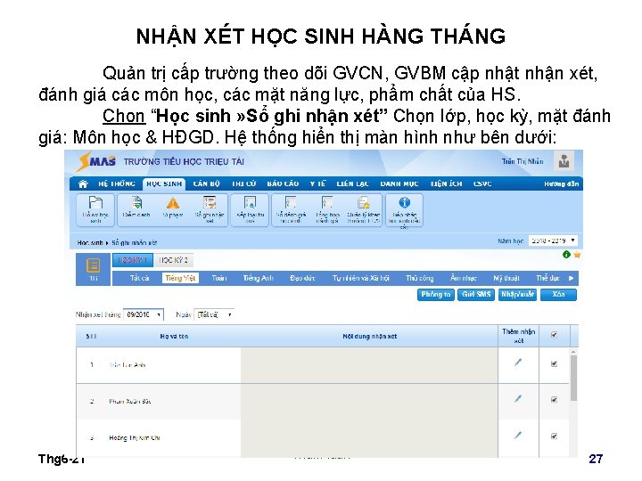 NHẬN XÉT HỌC SINH HÀNG THÁNG Quản trị cấp trường theo dõi GVCN, GVBM