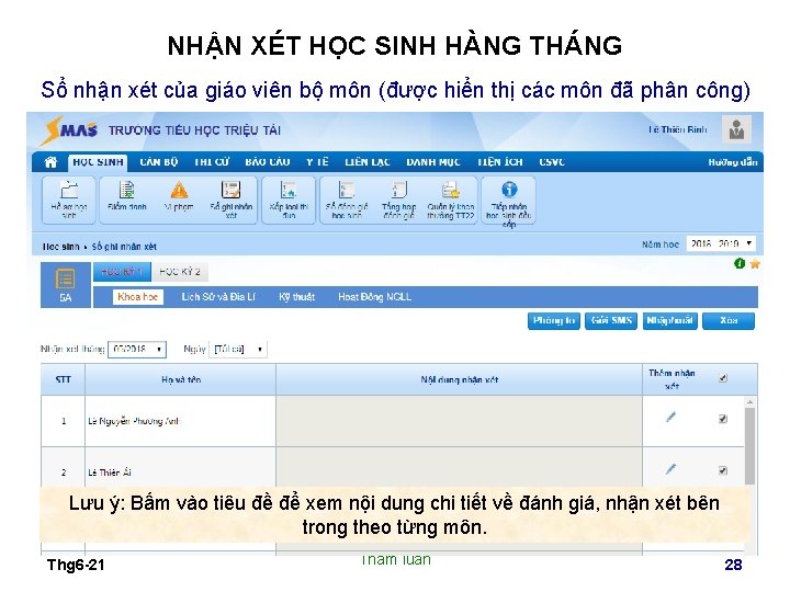 NHẬN XÉT HỌC SINH HÀNG THÁNG Sổ nhận xét của giáo viên bộ môn