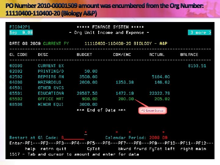 PO Number 2010 -00001509 amount was encumbered from the Org Number: 11110400 -20 (Biology