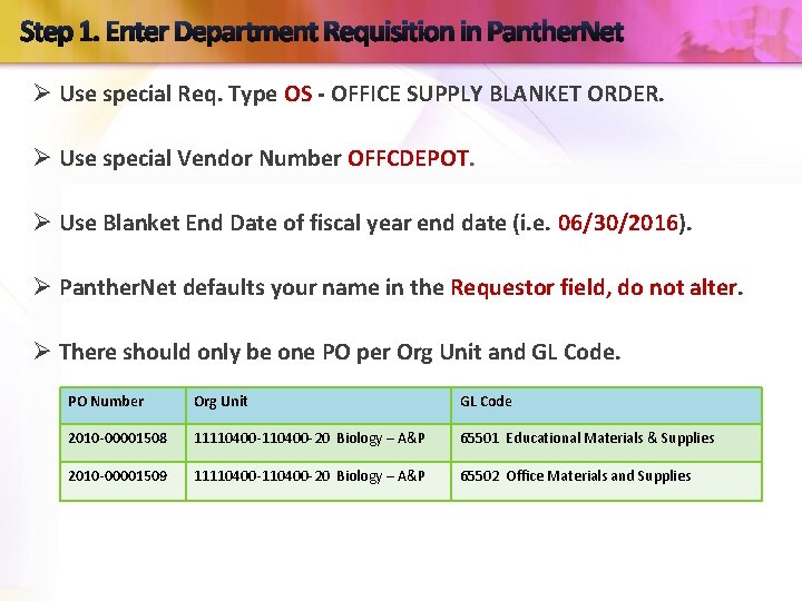 Step 1. Enter Department Requisition in Panther. Net Ø Use special Req. Type OS
