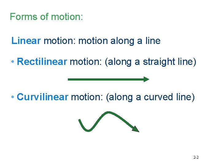 Forms of motion: Linear motion: motion along a line • Rectilinear motion: (along a