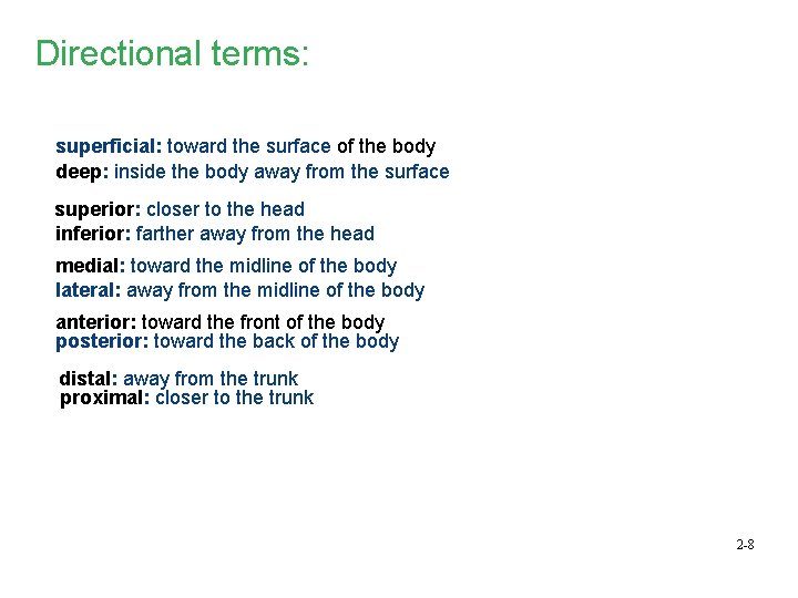 Directional terms: superficial: toward the surface of the body deep: inside the body away