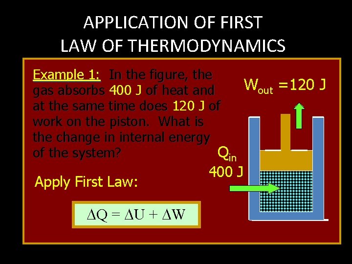 APPLICATION OF FIRST LAW OF THERMODYNAMICS Example 1: In the figure, the Wout =120