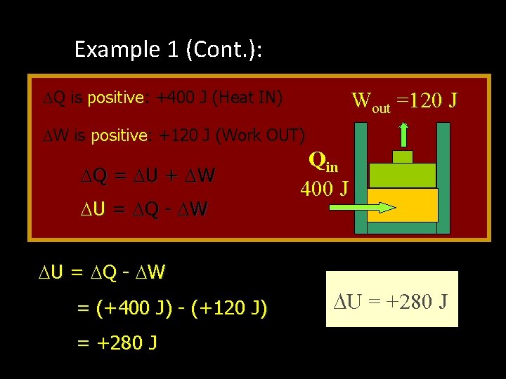 Example 1 (Cont. ): Apply First Law Q is positive: +400 J (Heat IN)