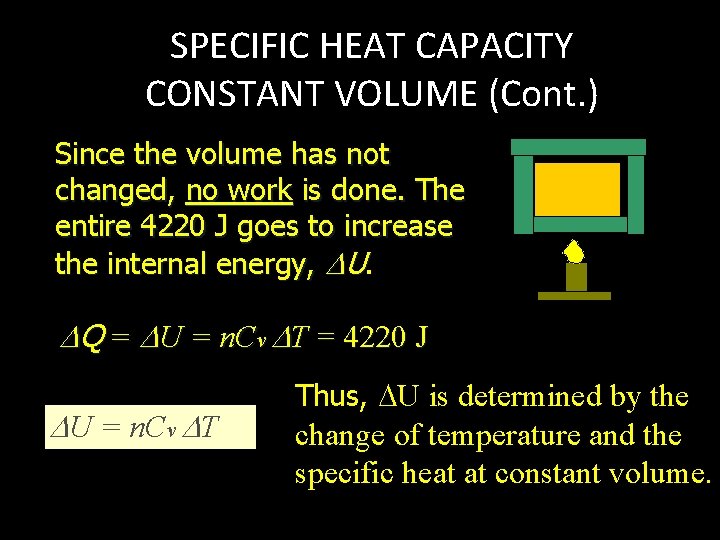 SPECIFIC HEAT CAPACITY CONSTANT VOLUME (Cont. ) Since the volume has not changed, no