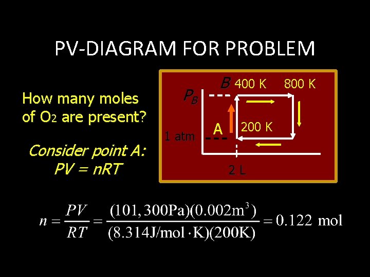 PV-DIAGRAM FOR PROBLEM How many moles of O 2 are present? Consider point A: