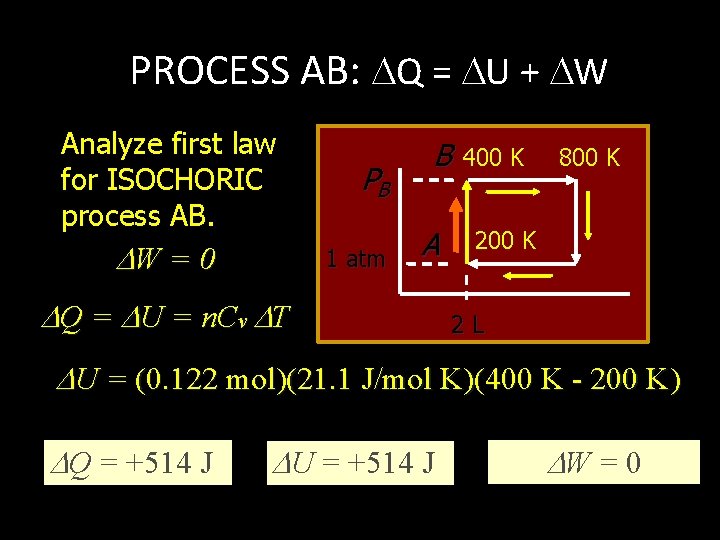 PROCESS AB: Q = U + W Analyze first law for ISOCHORIC process AB.