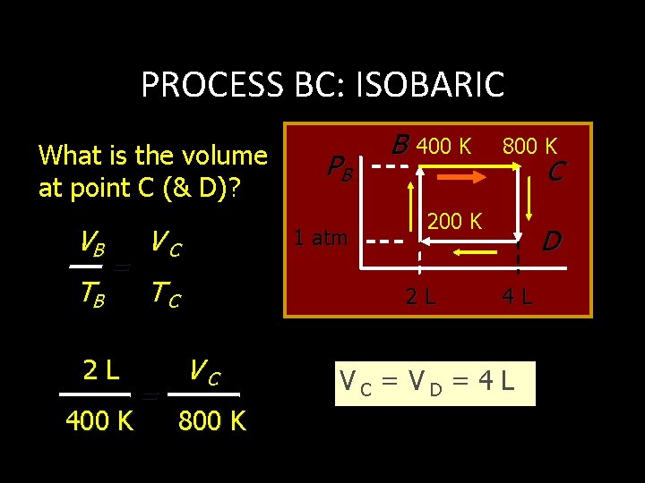 PROCESS BC: ISOBARIC What is the volume at point C (& D)? VB TB