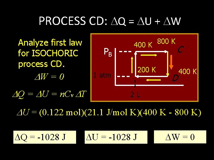 PROCESS CD: Q = U + W Analyze first law for ISOCHORIC process CD.