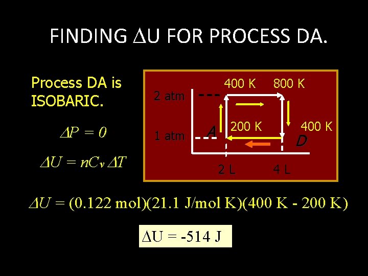 FINDING U FOR PROCESS DA. Process DA is ISOBARIC. P = 0 U =