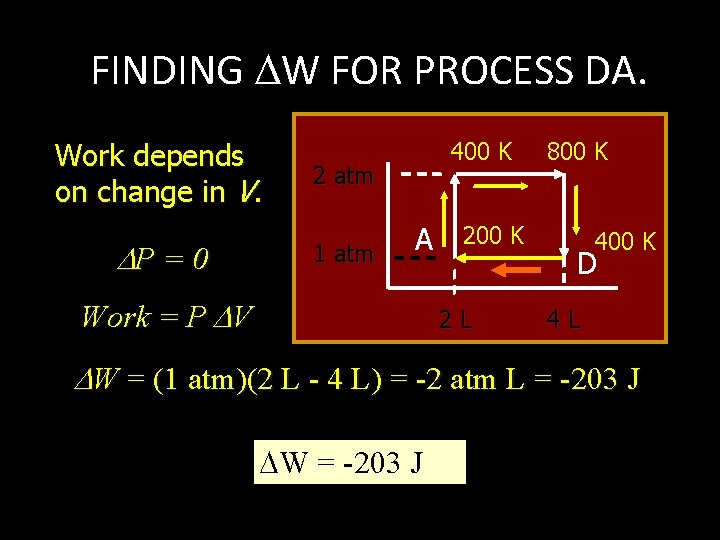FINDING W FOR PROCESS DA. Work depends on change in V. P = 0