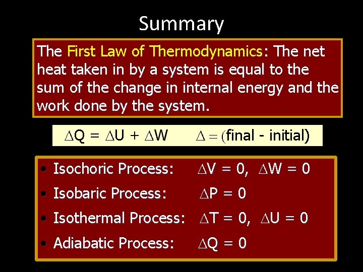 Summary The First Law of Thermodynamics: The net heat taken in by a system