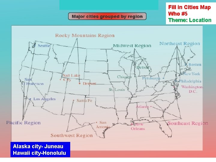 Fill in Cities Map Who #5 Theme: Location Alaska city- Juneau Hawaii city-Honolulu USII.