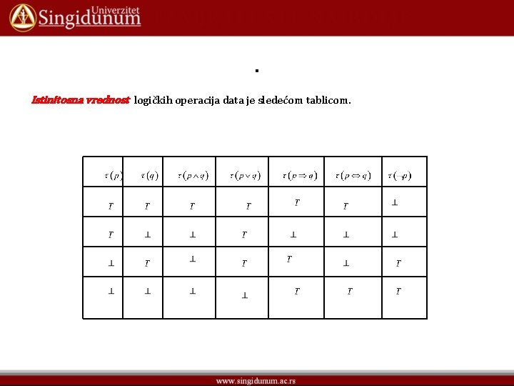 . Istinitosna vrednost logičkih operacija data je sledećom tablicom. 