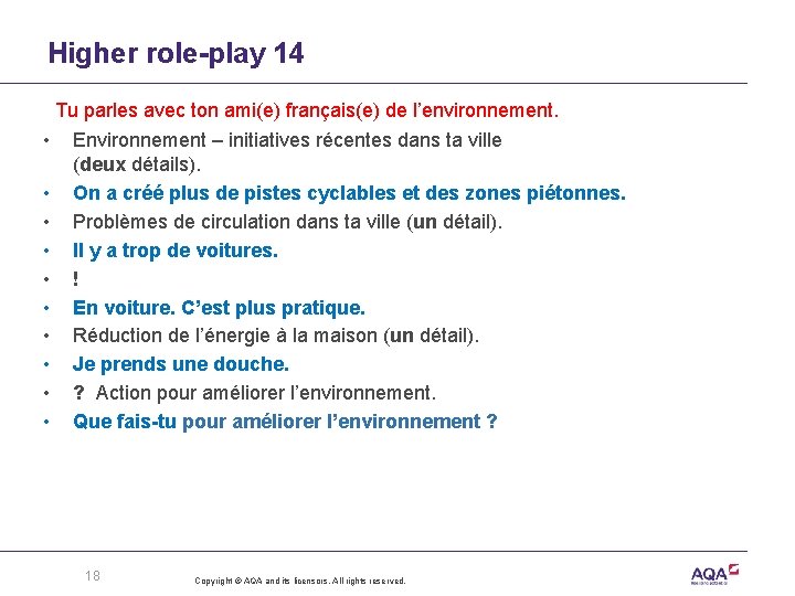Higher role-play 14 Tu parles avec ton ami(e) français(e) de l’environnement. • • •