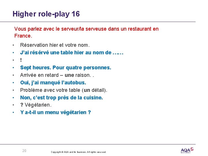 Higher role-play 16 Vous parlez avec le serveur/la serveuse dans un restaurant en France.