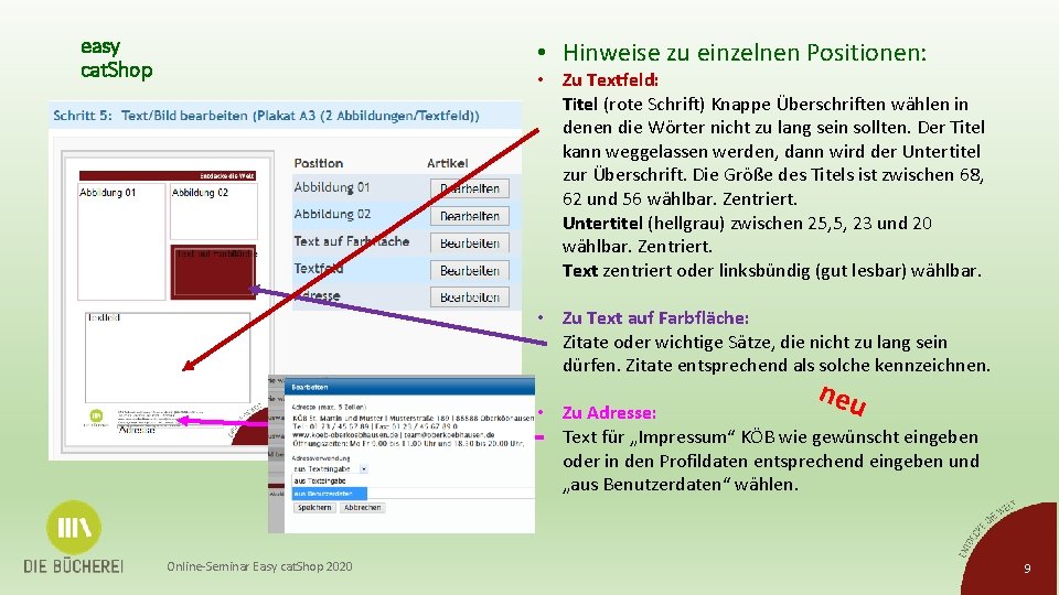 easy cat. Shop • Hinweise zu einzelnen Positionen: • Zu Textfeld: Titel (rote Schrift)