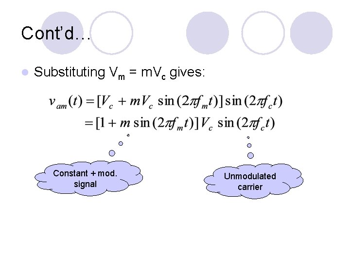 Cont’d… l Substituting Vm = m. Vc gives: Constant + mod. signal Unmodulated carrier