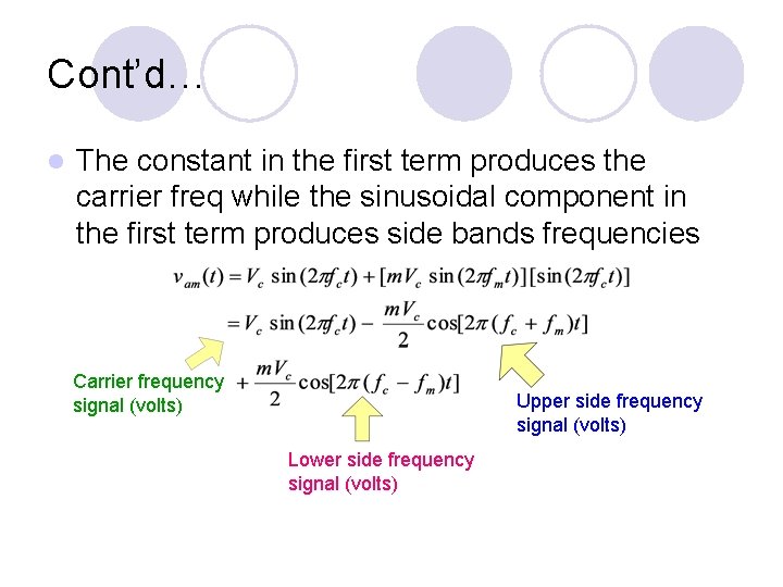 Cont’d… l The constant in the first term produces the carrier freq while the