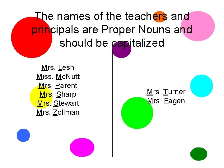 The names of the teachers and principals are Proper Nouns and should be capitalized