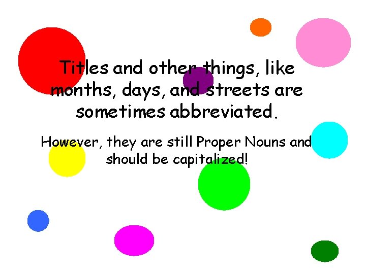 Titles and other things, like months, days, and streets are sometimes abbreviated. However, they