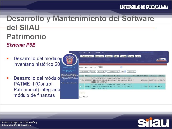Desarrollo y Mantenimiento del Software del SIIAU Patrimonio Sistema P 3 E § Desarrollo