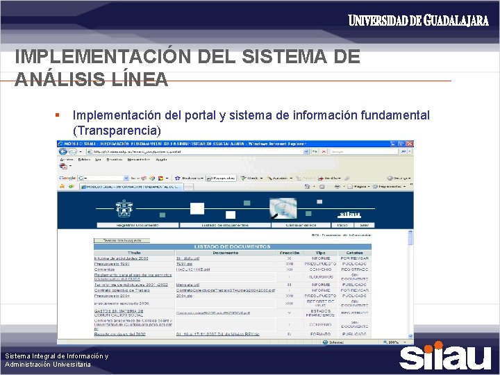 IMPLEMENTACIÓN DEL SISTEMA DE ANÁLISIS LÍNEA § Implementación del portal y sistema de información