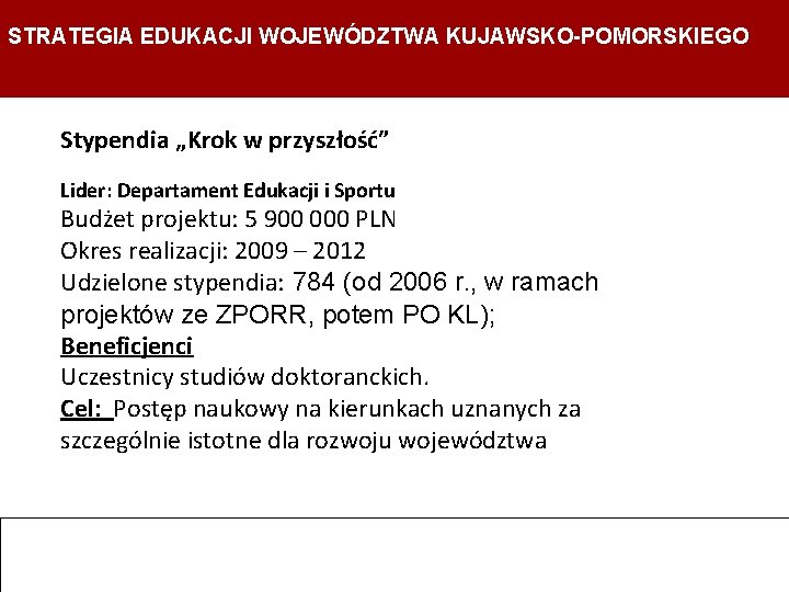 STRATEGIA EDUKACJI WOJEWÓDZTWA KUJAWSKO-POMORSKIEGO Departament Edukacji, Sportu i Turystyki Stypendia „Krok w przyszłość” Lider: