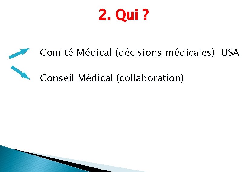 2. Qui ? Comité Médical (décisions médicales) USA Conseil Médical (collaboration) 