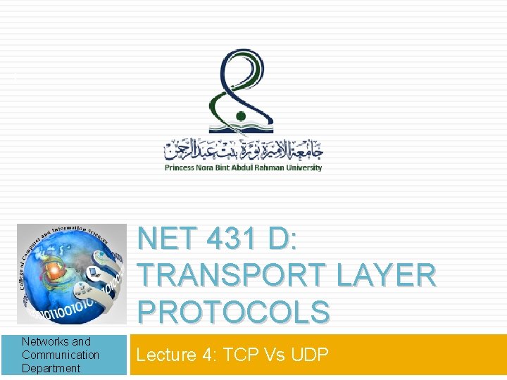 1 NET 431 D: TRANSPORT LAYER PROTOCOLS Networks and Communication Department Lecture 4: TCP
