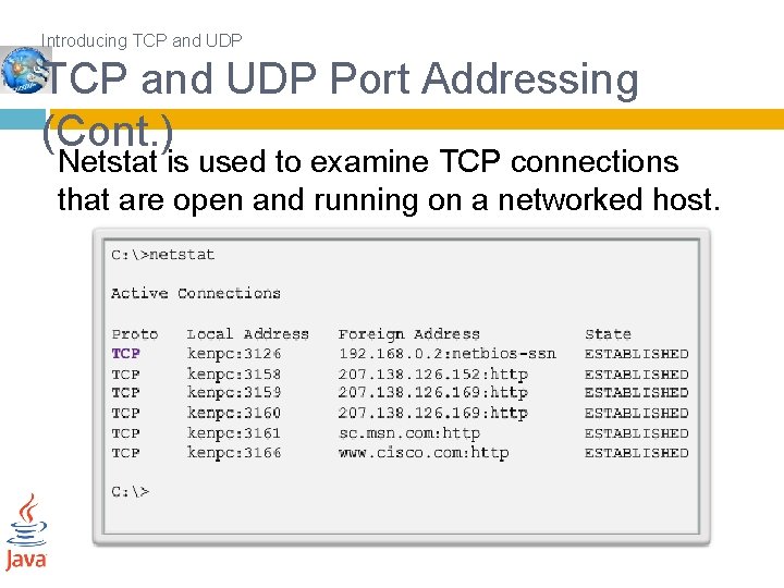 Introducing TCP and UDP Port Addressing (Cont. ) Netstat is used to examine TCP